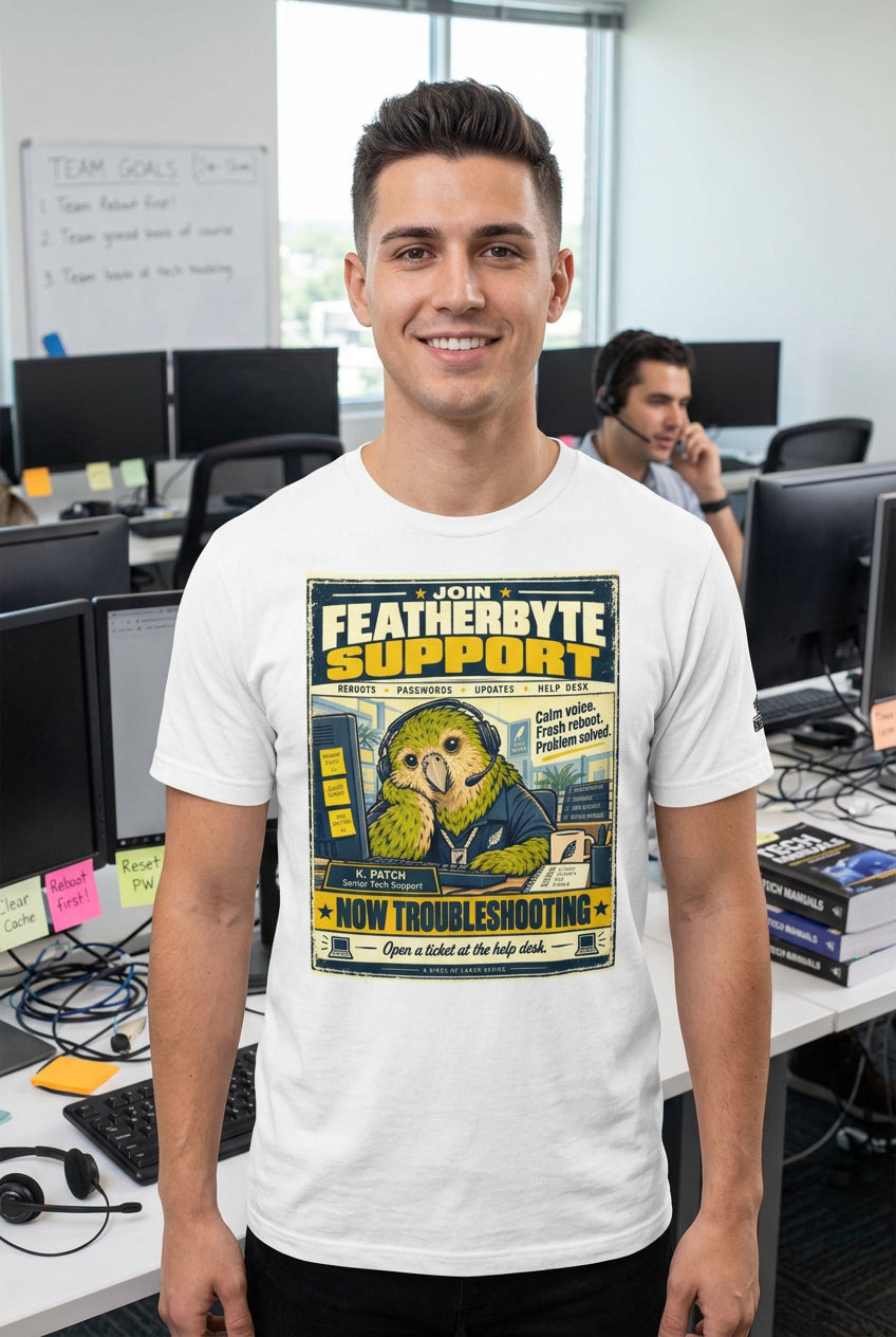 Featherbyte Support – Birds of Labor unisex staple T-shirt, white front view mockup