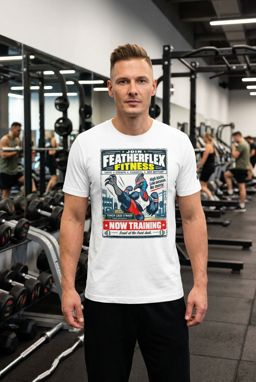 Featherflex Fitness – Birds of Labor unisex staple T-shirt, white front view mockup