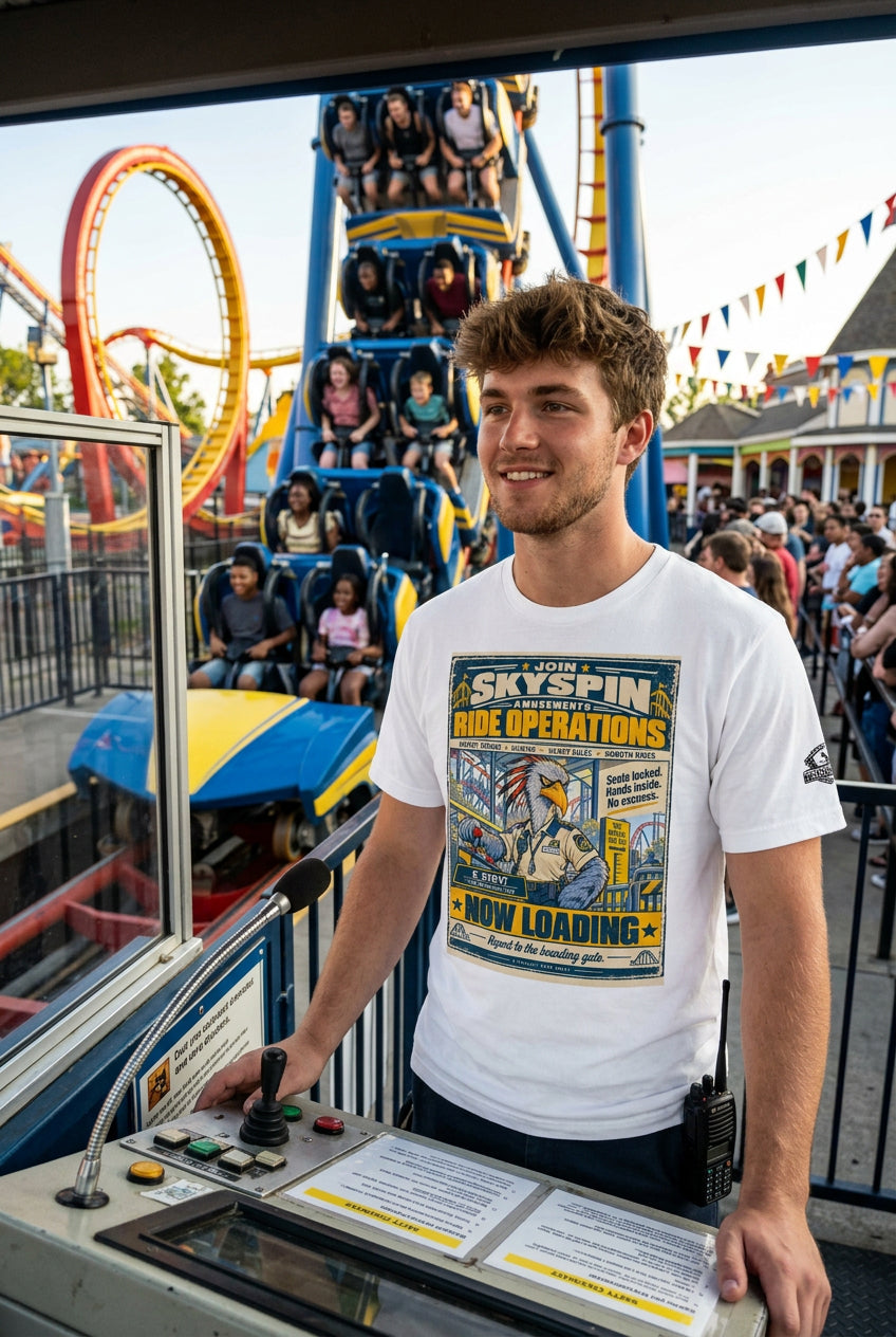 Skyspin Ride Operations – Birds of Labor unisex staple T-shirt, white front view mockup
