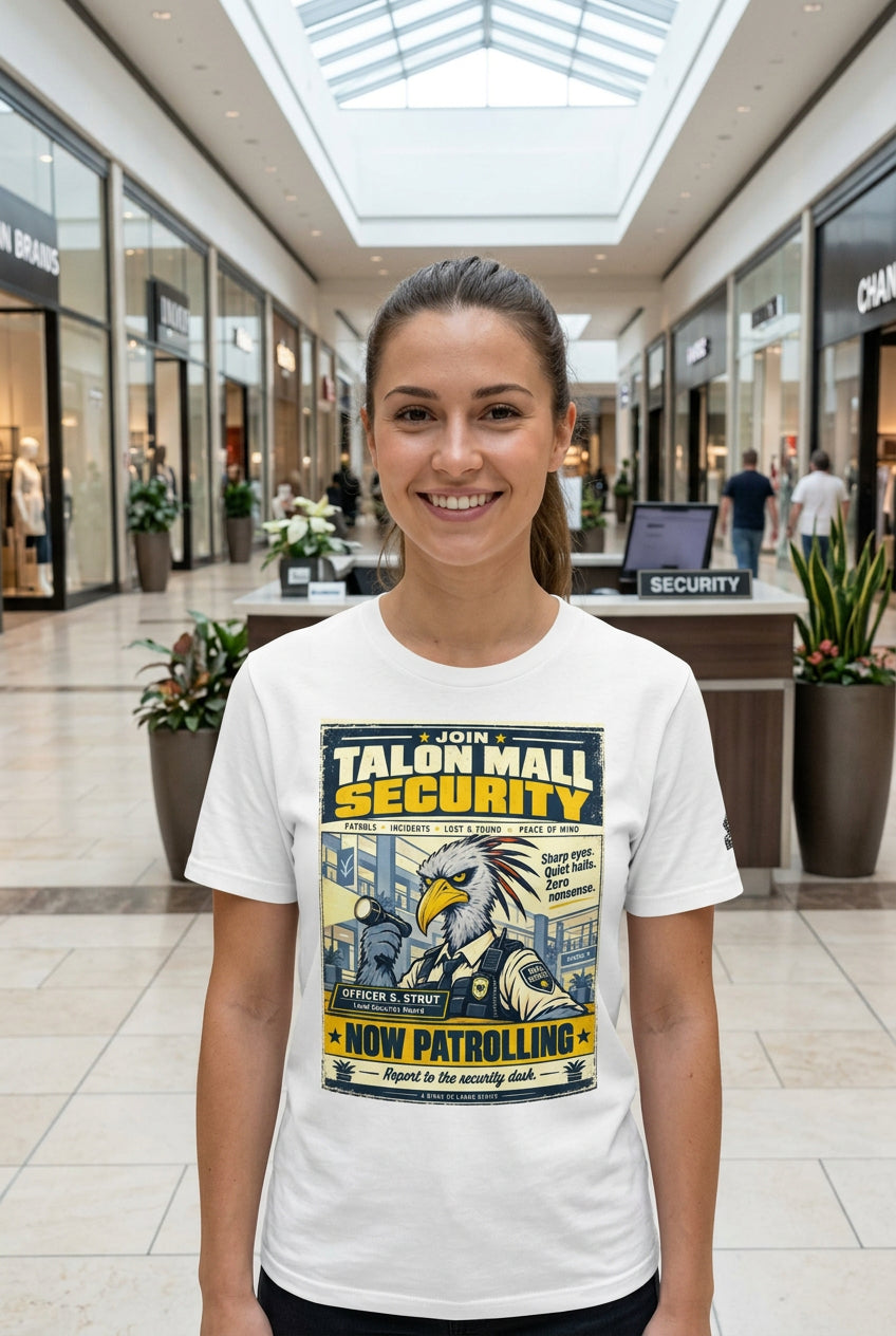 Talon Mall Security – Birds of Labor unisex staple T-shirt, white front view mockup