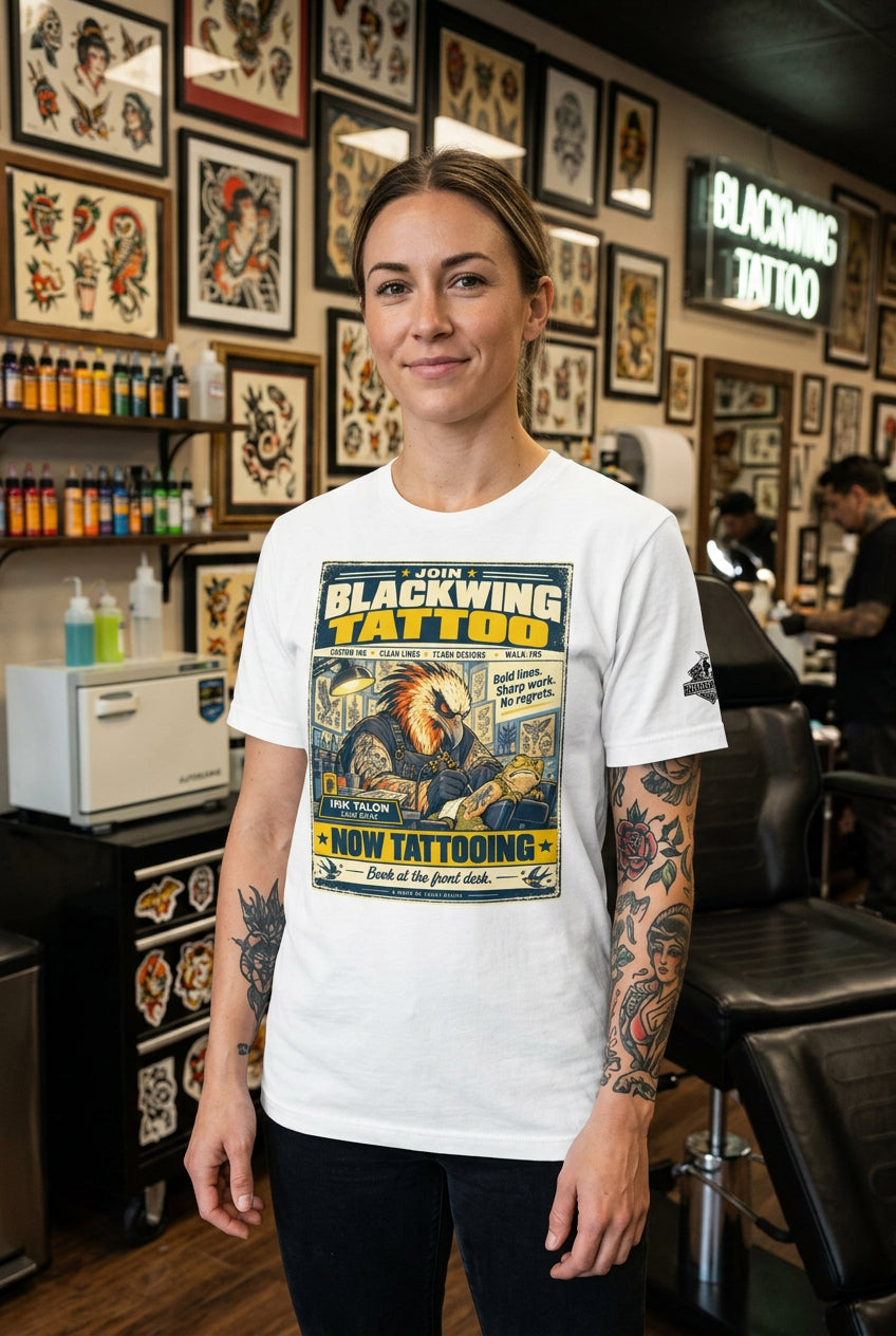 Blackwing Tattoo – Birds of Labor unisex staple T-shirt, white front view mockup