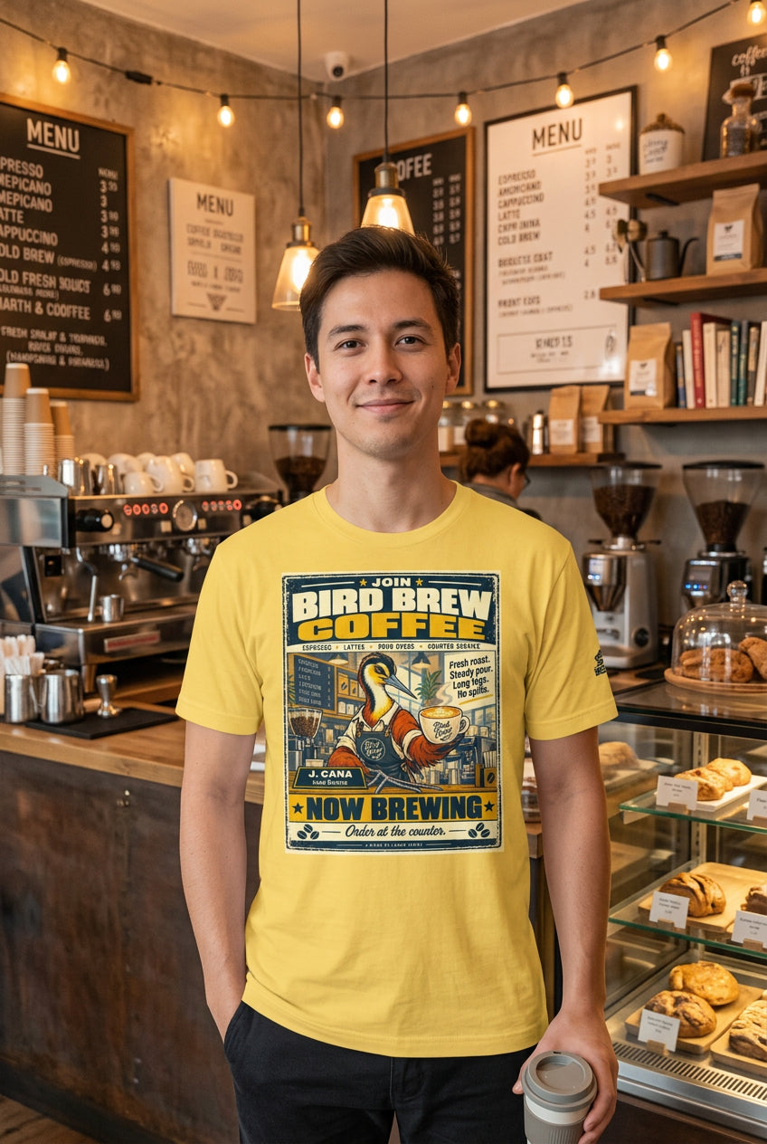 Bird Brew Coffee – Birds of Labor unisex staple T-shirt, yellow front view mockup