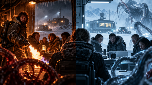 Split Antarctic horror scene contrasting an 1980s practical-effects style research station with a colder modern sci-fi version