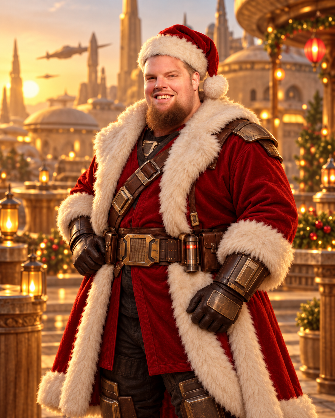 Portrait of Big Ed smiling in a red fur-trimmed Santa warrior outfit against a warm golden sky
