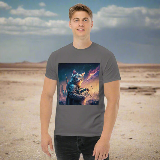 A man wearing a gray t-shirt with a printed image of a character resembling a cat-like warrior in a futuristic setting.