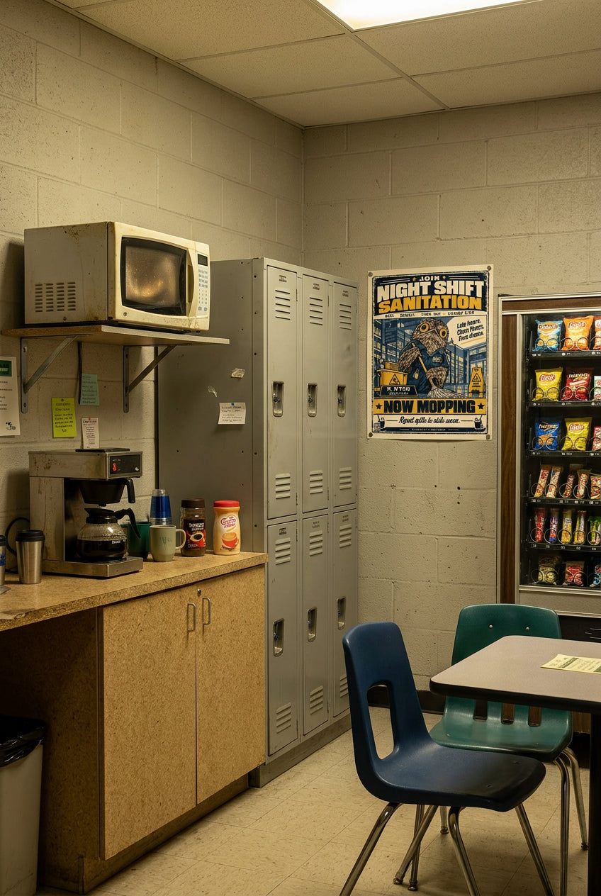 Night Shift Sanitation – P. O'Too, wide-eyed potoo janitor mopping the grocery aisle at night; Birds of Labor photo paper poster, 11 × 14 inches, front-view mockup by BBairt