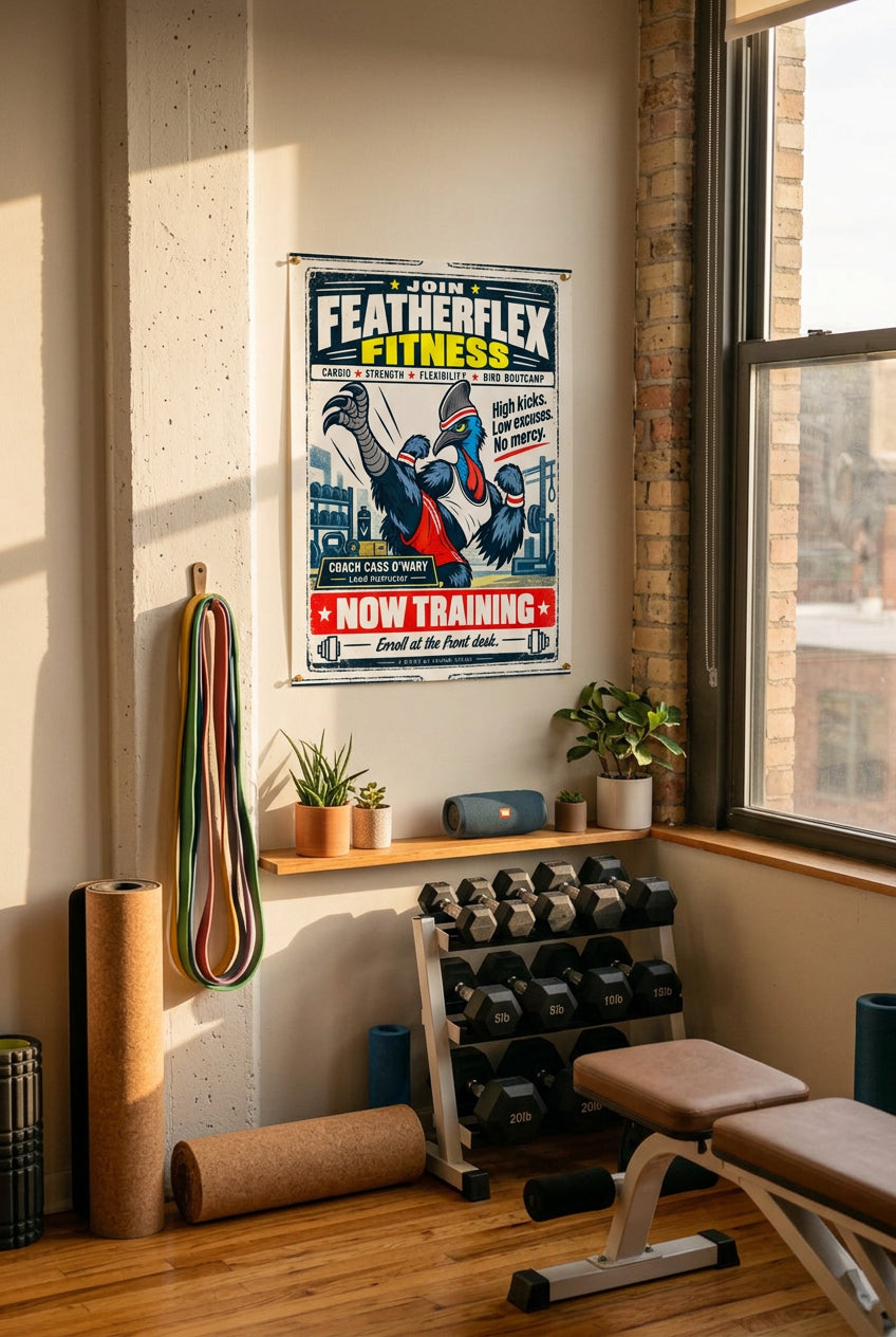 Featherflex Fitness – Coach Cass O'Wary the high-kicking cassowary fitness instructor; Birds of Labor photo paper poster, 11 × 14 inches, front-view mockup by BBairt