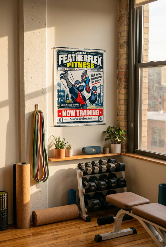 Featherflex Fitness – Coach Cass O'Wary the high-kicking cassowary fitness instructor; Birds of Labor photo paper poster, 11 × 14 inches, front-view mockup by BBairt
