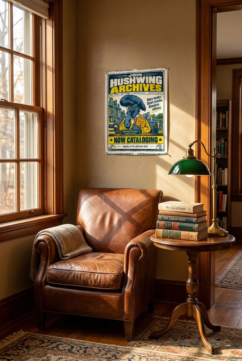 Hushwing Archives – Dewey Plume, blue umbrellabird librarian holding Ancient Secrets; Birds of Labor photo paper poster, 11 × 14 inches, front-view mockup by BBairt