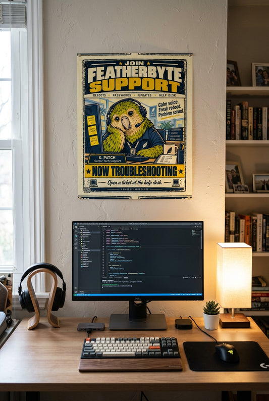 Featherbyte Support – K. Patch, green kakapo tech support operator wearing a headset; Birds of Labor photo paper poster, 11 × 14 inches, front-view mockup by BBairt