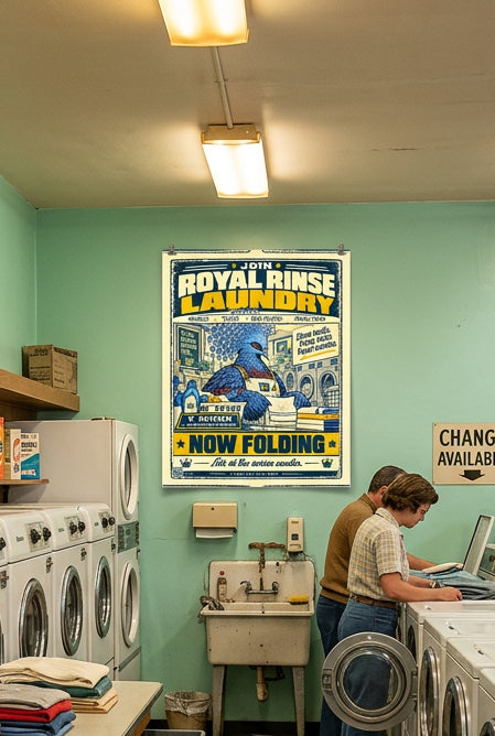 Royal Rinse Laundry – V. Crown, Victoria crowned pigeon folding towels in a retro laundromat advert; Birds of Labor photo paper poster, 11 × 14 inches, front-view mockup by BBairt
