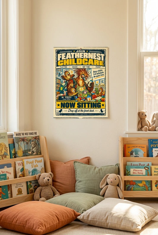 Feathernest Childcare – H. Tizzy, frazzled hoatzin babysitter in a vintage nursery recruitment ad; Birds of Labor photo paper poster, 11 × 14 inches, front-view mockup by BBairt