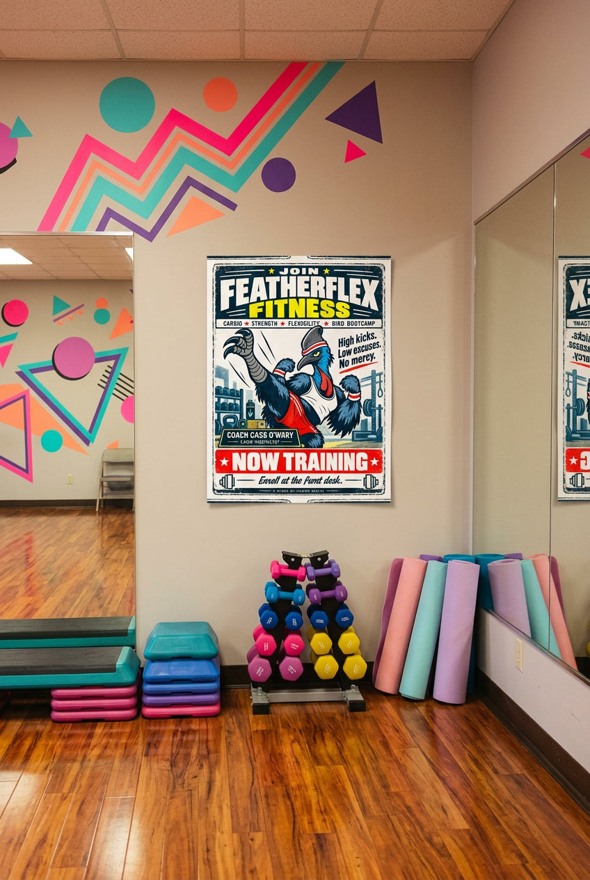 Featherflex Fitness – Coach Cass O'Wary the high-kicking cassowary fitness instructor; Birds of Labor photo paper poster, 12 × 16 inches, front-view mockup by BBairt