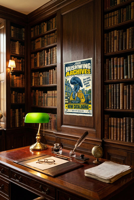 Hushwing Archives – Dewey Plume, blue umbrellabird librarian holding Ancient Secrets; Birds of Labor photo paper poster, 12 × 16 inches, front-view mockup by BBairt