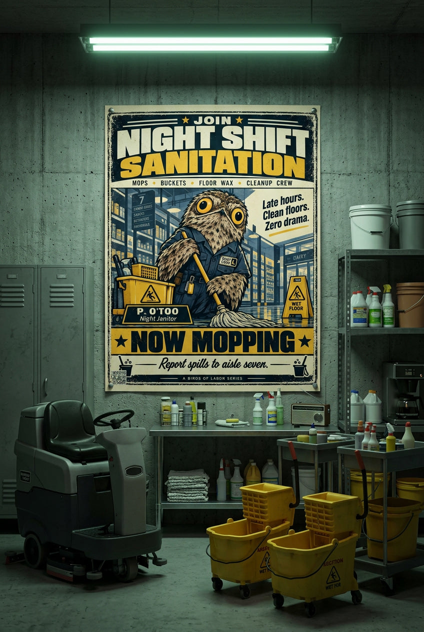 Night Shift Sanitation – P. O'Too, wide-eyed potoo janitor mopping the grocery aisle at night; Birds of Labor photo paper poster, 18 × 24 inches, front-view mockup by BBairt