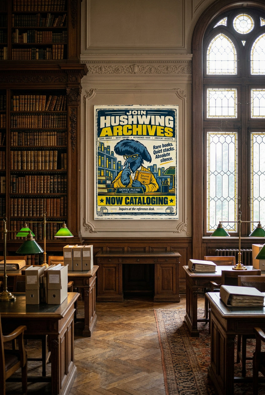 Hushwing Archives – Dewey Plume, blue umbrellabird librarian holding Ancient Secrets; Birds of Labor photo paper poster, 18 × 24 inches, front-view mockup by BBairt