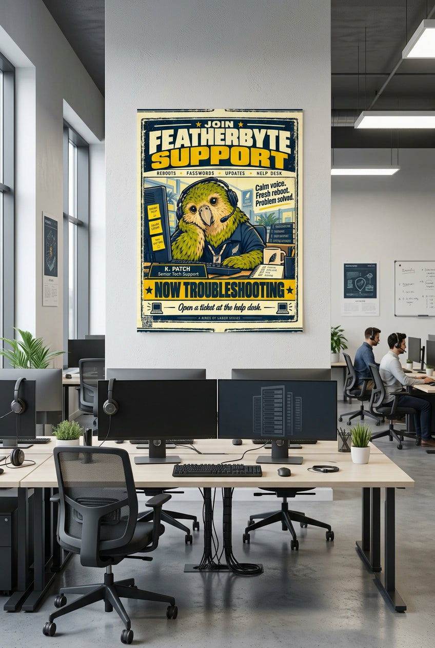 Featherbyte Support – K. Patch, green kakapo tech support operator wearing a headset; Birds of Labor photo paper poster, 18 × 24 inches, front-view mockup by BBairt