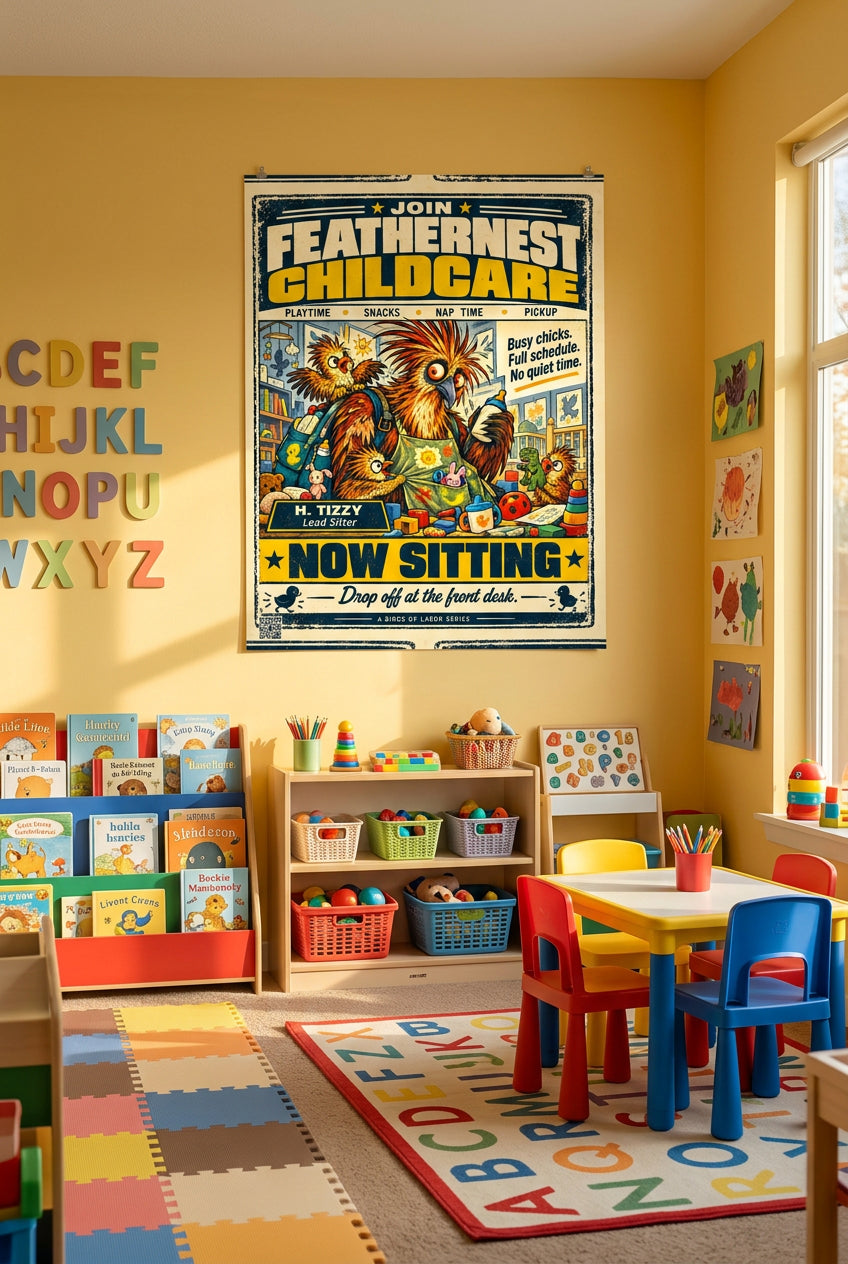 Feathernest Childcare – H. Tizzy, frazzled hoatzin babysitter in a vintage nursery recruitment ad; Birds of Labor photo paper poster, 18 × 24 inches, front-view mockup by BBairt