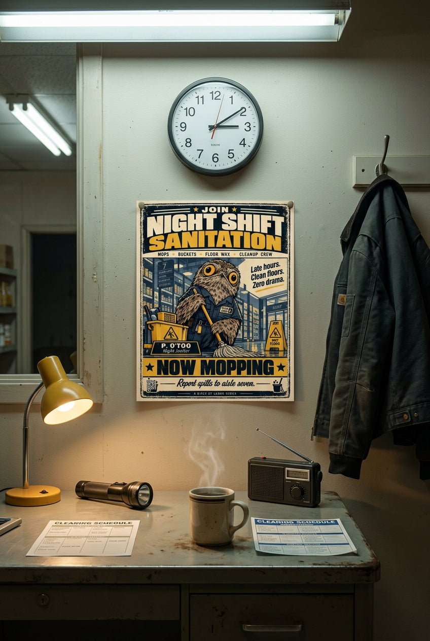 Night Shift Sanitation – P. O'Too, wide-eyed potoo janitor mopping the grocery aisle at night; Birds of Labor photo paper poster, 8 × 10 inches, front-view mockup by BBairt