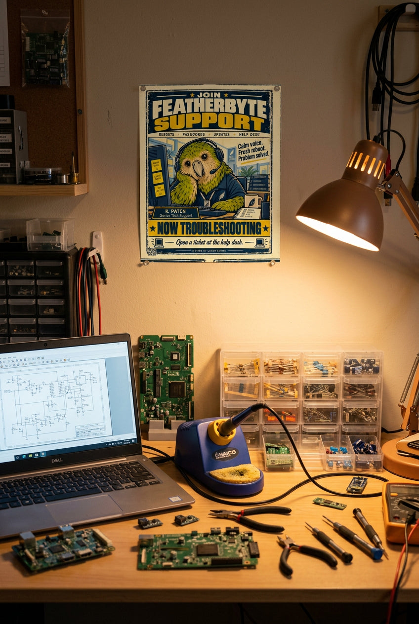 Featherbyte Support – K. Patch, green kakapo tech support operator wearing a headset; Birds of Labor photo paper poster, 8 × 10 inches, front-view mockup by BBairt