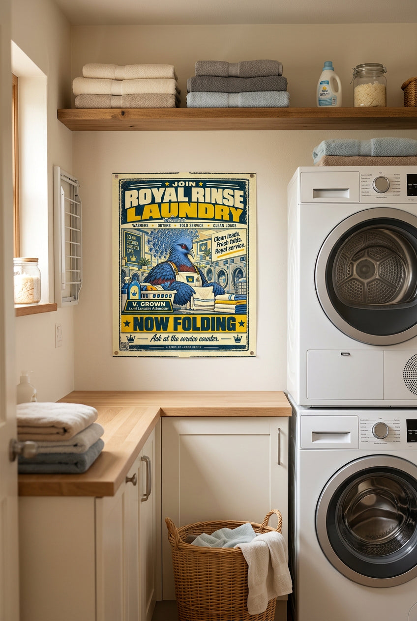 Royal Rinse Laundry – V. Crown, Victoria crowned pigeon folding towels in a retro laundromat advert; Birds of Labor photo paper poster, 8 × 10 inches, front-view mockup by BBairt