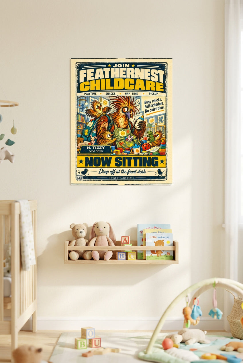 Feathernest Childcare – H. Tizzy, frazzled hoatzin babysitter in a vintage nursery recruitment ad; Birds of Labor photo paper poster, 8 × 10 inches, front-view mockup by BBairt