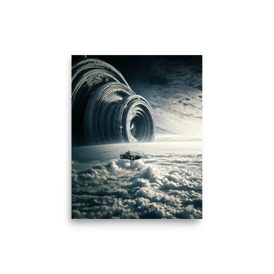 Nested alien ring structures rising above a dense sea of clouds; Monuments of the Unknown by BBairt, unframed 8 × 10 inch photo paper poster mockup