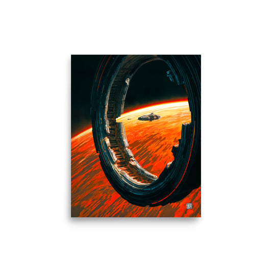 Small survey spacecraft beside an immense dark orbital ring above an orange planet; Monuments of the Unknown by BBairt, unframed 8 × 10 inch photo paper poster mockup