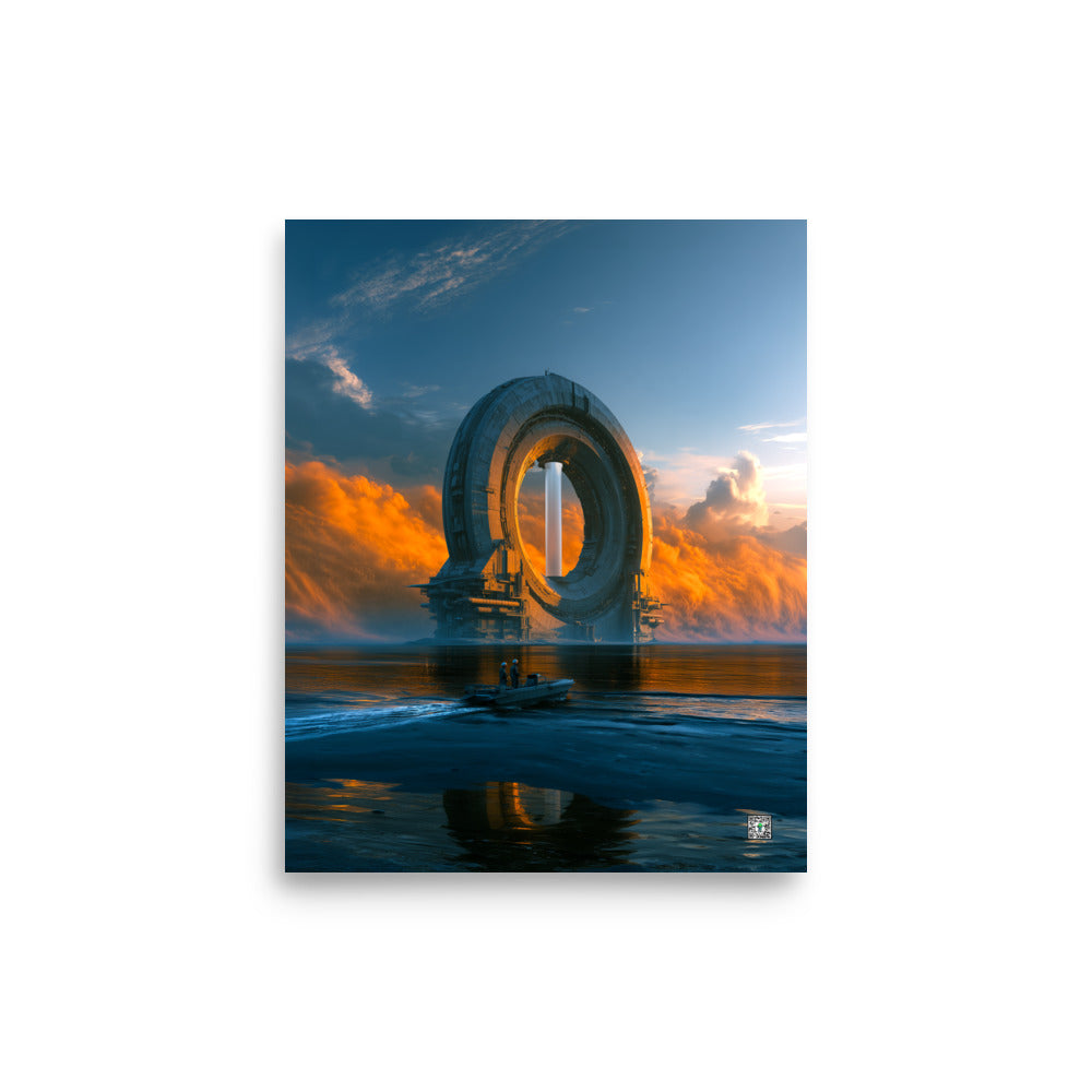 Circular alien gateway reflected in water beneath orange clouds and a blue sky; Monuments of the Unknown by BBairt, unframed 8 × 10 inch photo paper poster mockup