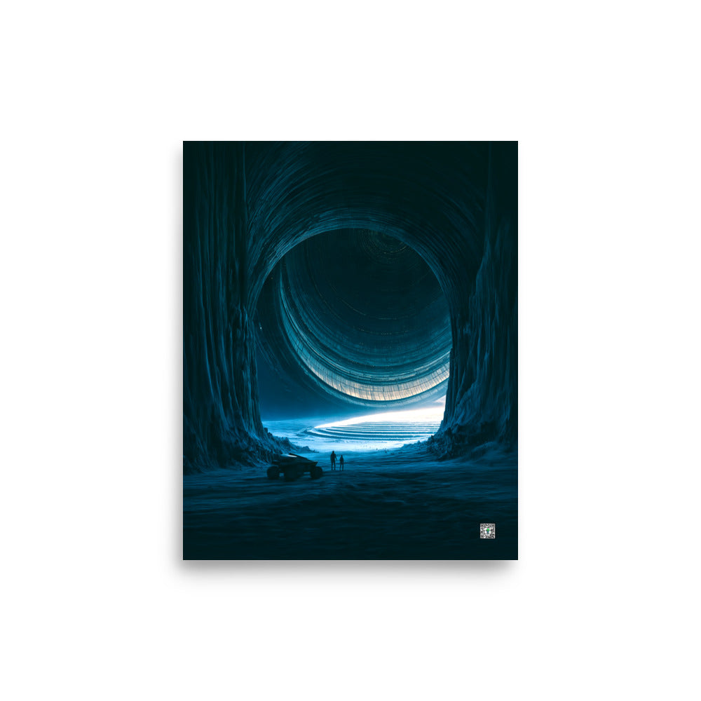 Immense circular alien aperture framing a luminous banded planet from a dark interior; Monuments of the Unknown by BBairt, unframed 8 × 10 inch photo paper poster mockup