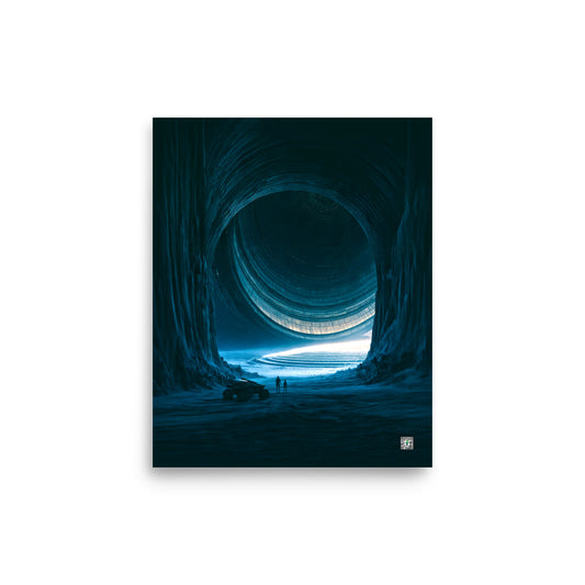 Immense circular alien aperture framing a luminous banded planet from a dark interior; Monuments of the Unknown by BBairt, unframed 8 × 10 inch photo paper poster mockup
