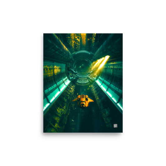 Yellow spacecraft inside a vast green and gold alien industrial corridor; Monuments of the Unknown by BBairt, unframed 8 × 10 inch photo paper poster mockup
