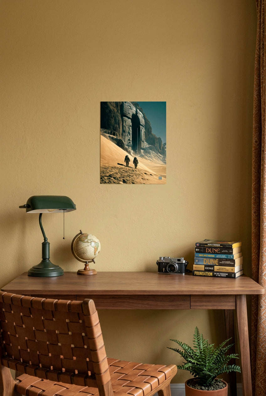 Two explorers approach a towering alien doorway in a sandy cliff; Monuments of the Unknown by BBairt, unframed 8 × 10 inch photo paper poster mockup