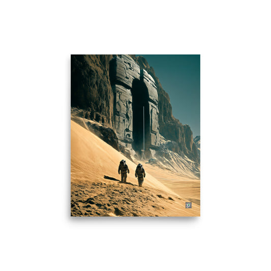 Two explorers approach a towering alien doorway in a sandy cliff; Monuments of the Unknown by BBairt, unframed 8 × 10 inch photo paper poster mockup