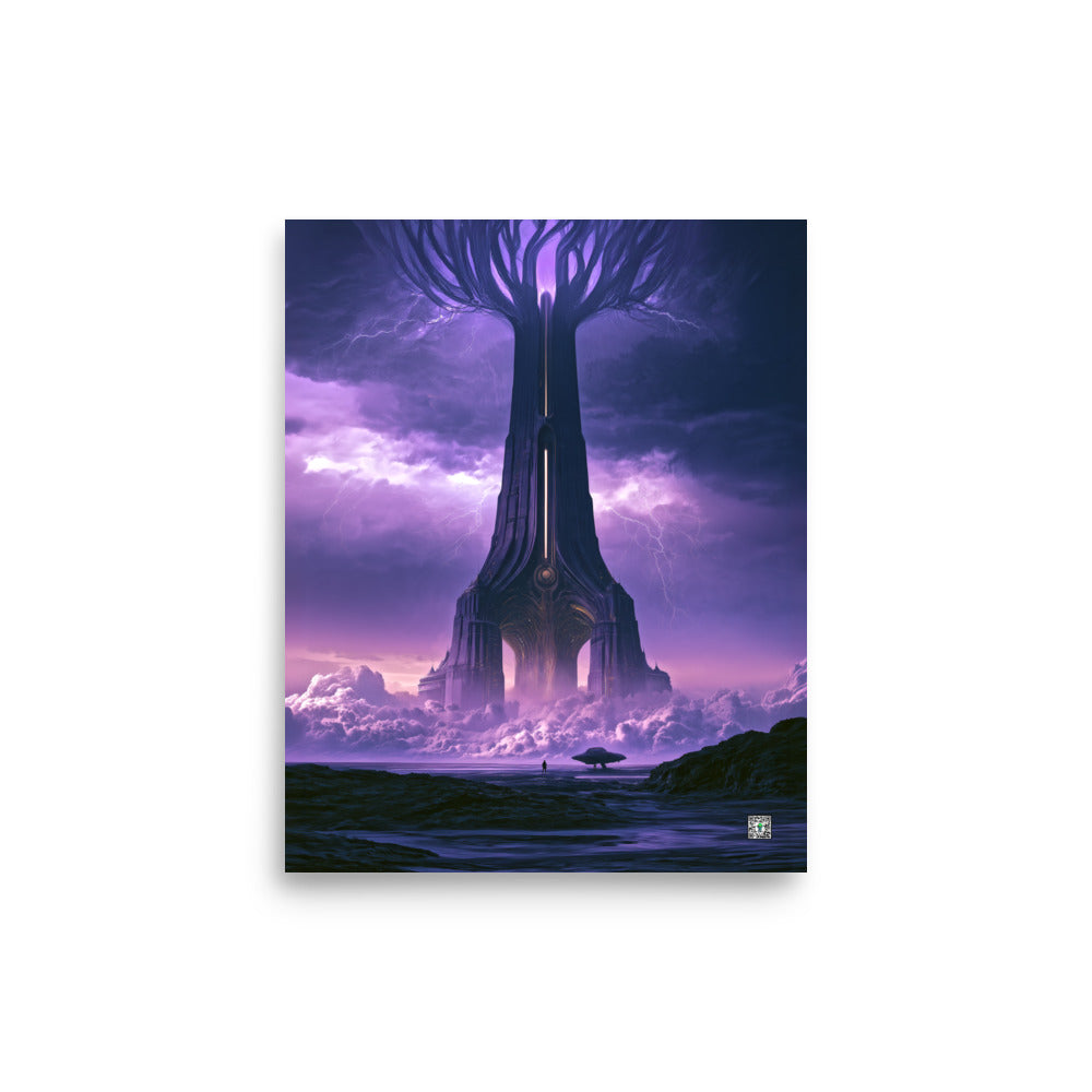 Towering branching alien structure illuminated beneath purple storm clouds; Monuments of the Unknown by BBairt, unframed 8 × 10 inch photo paper poster mockup