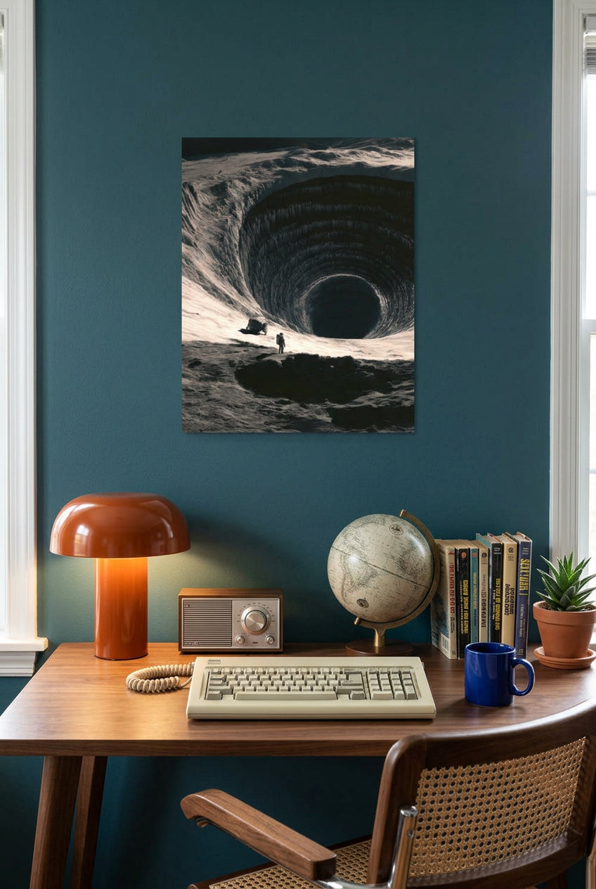 Lone explorer beside a vast concentric circular installation descending into darkness; Monuments of the Unknown by BBairt, unframed 8 × 10 inch photo paper poster mockup