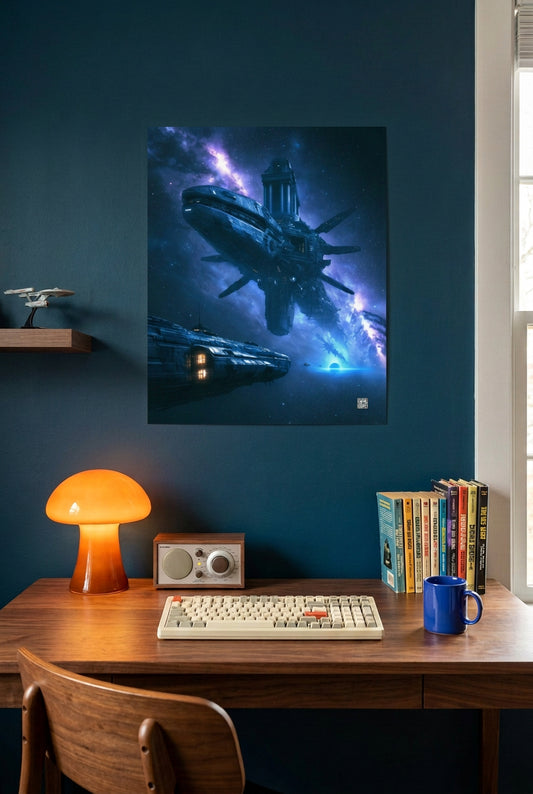 Human spacecraft encounter a huge branching alien machine against blue and violet space; Monuments of the Unknown by BBairt, unframed 8 × 10 inch photo paper poster mockup