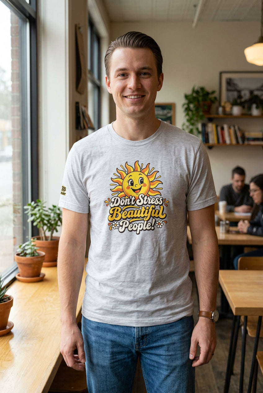 Don’t Stress Beautiful People! unisex staple T-shirt — athletic heather front view mockup