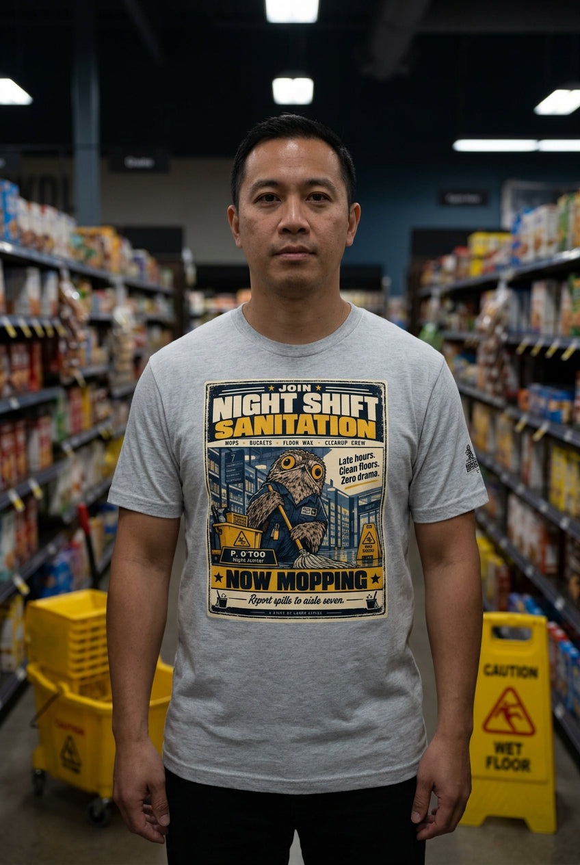 Night Shift Sanitation – Birds of Labor unisex staple T-shirt, athletic heather front view mockup