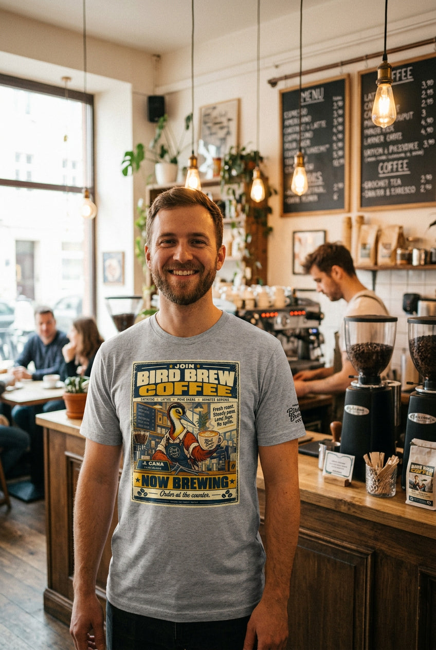 Bird Brew Coffee – Birds of Labor unisex staple T-shirt, athletic heather front view mockup