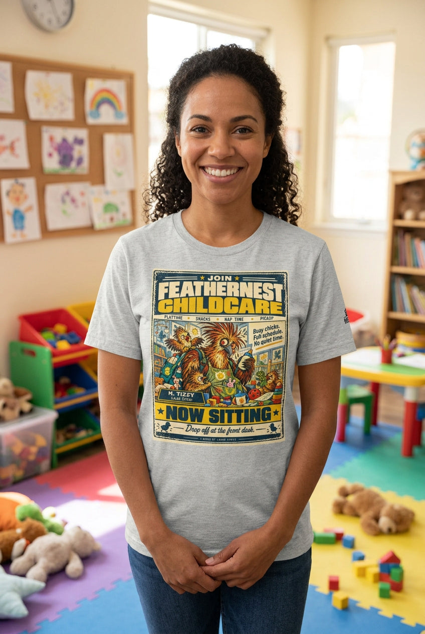 Feathernest Childcare – Birds of Labor unisex staple T-shirt, athletic heather front view mockup
