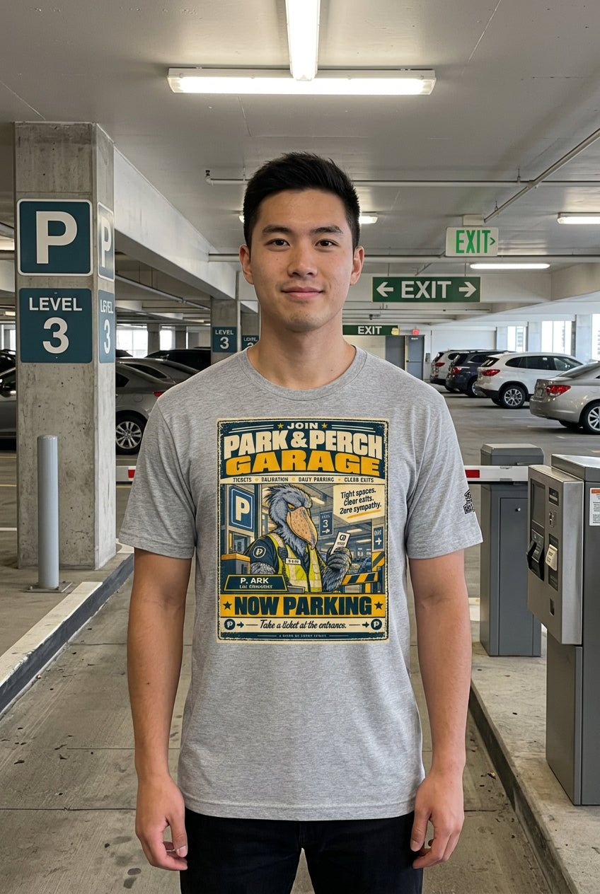 Park & Perch Garage – Birds of Labor unisex staple T-shirt, athletic heather front view mockup