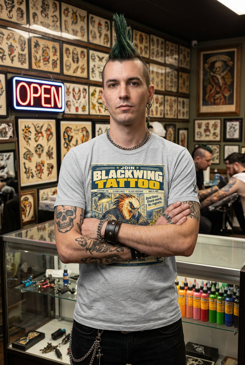 Blackwing Tattoo – Birds of Labor unisex staple T-shirt, athletic heather front view mockup