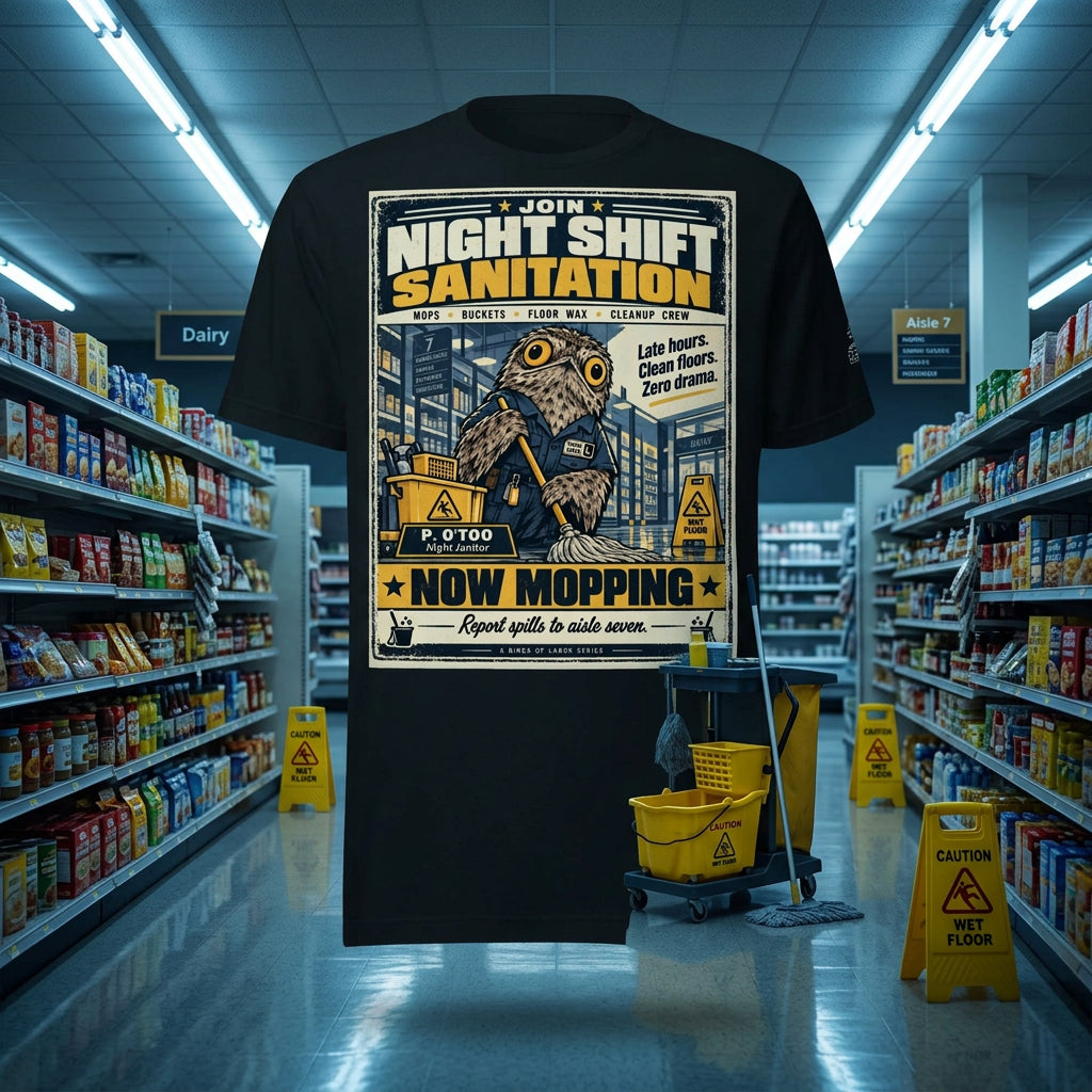 Night Shift Sanitation – Birds of Labor unisex staple T-shirt, black front view mockup