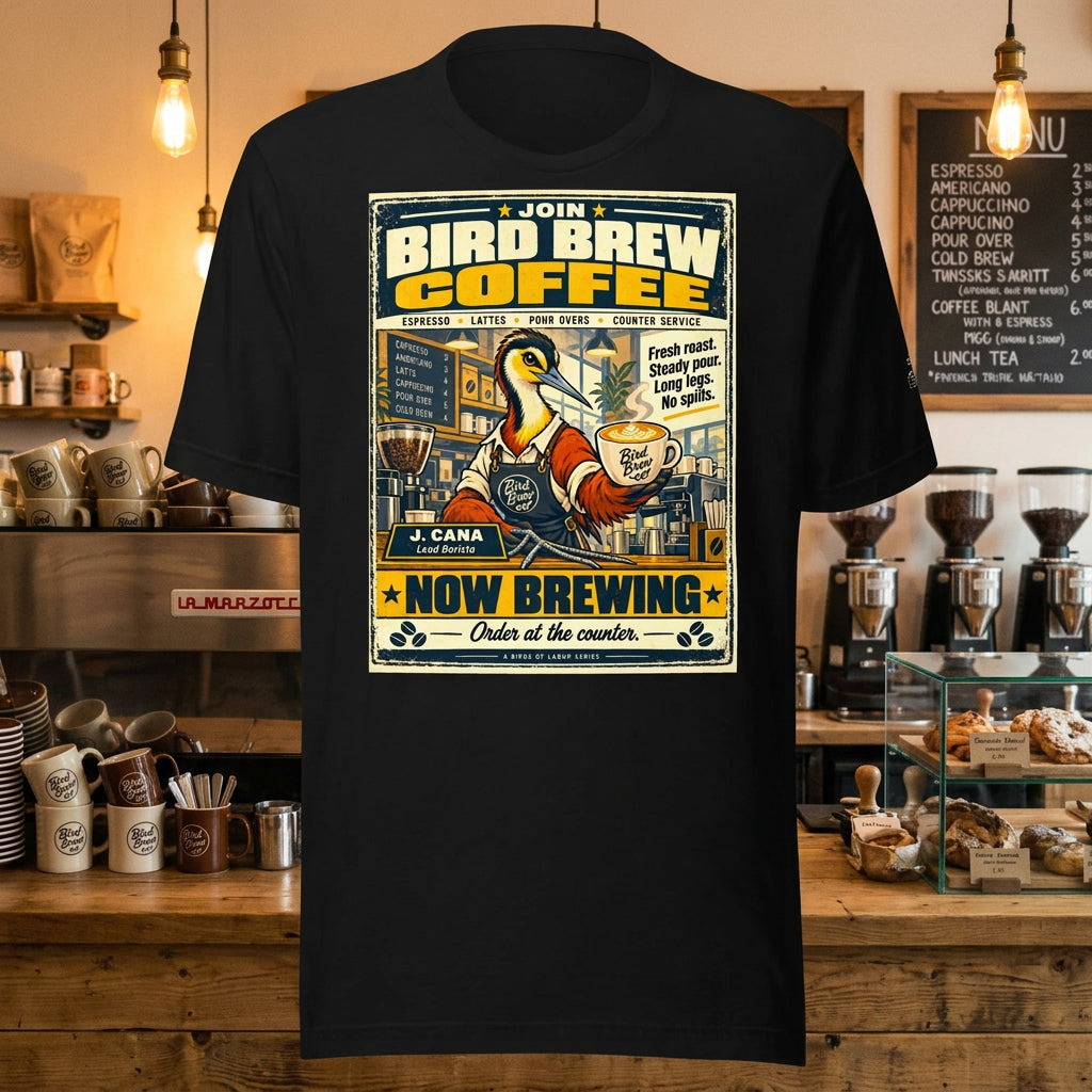 Bird Brew Coffee – Birds of Labor unisex staple T-shirt, black front view mockup