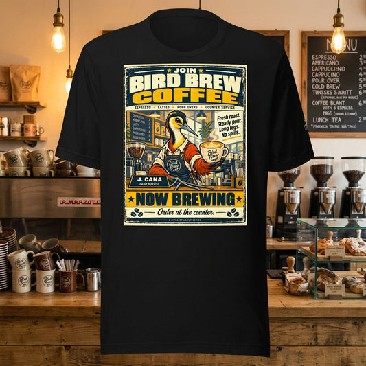 Bird Brew Coffee – Birds of Labor unisex staple T-shirt, black front view mockup