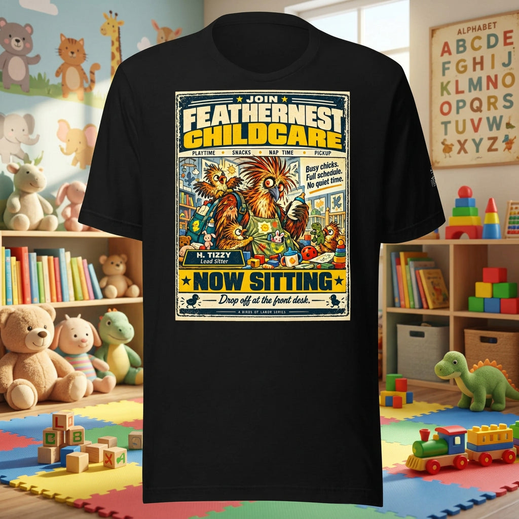 Feathernest Childcare – Birds of Labor unisex staple T-shirt, black front view mockup