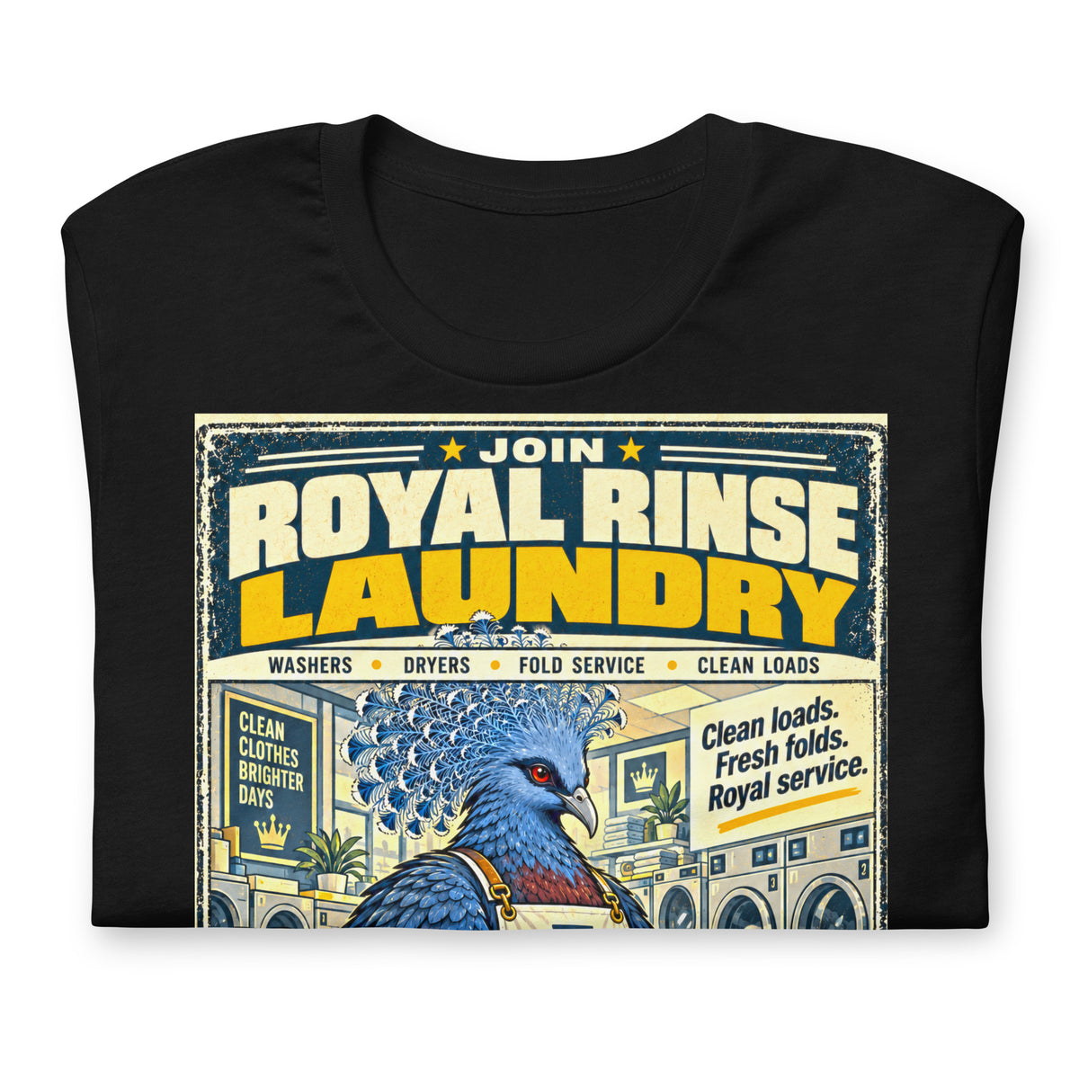 Royal Rinse Laundry – Birds of Labor unisex staple T-shirt, black front view mockup