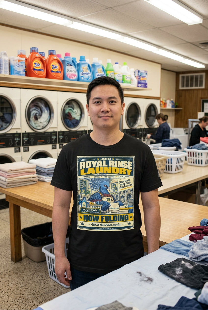 Royal Rinse Laundry – Birds of Labor unisex staple T-shirt, black front view mockup