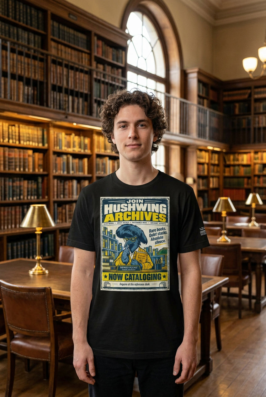 Hushwing Archives – Birds of Labor unisex staple T-shirt, black front view mockup